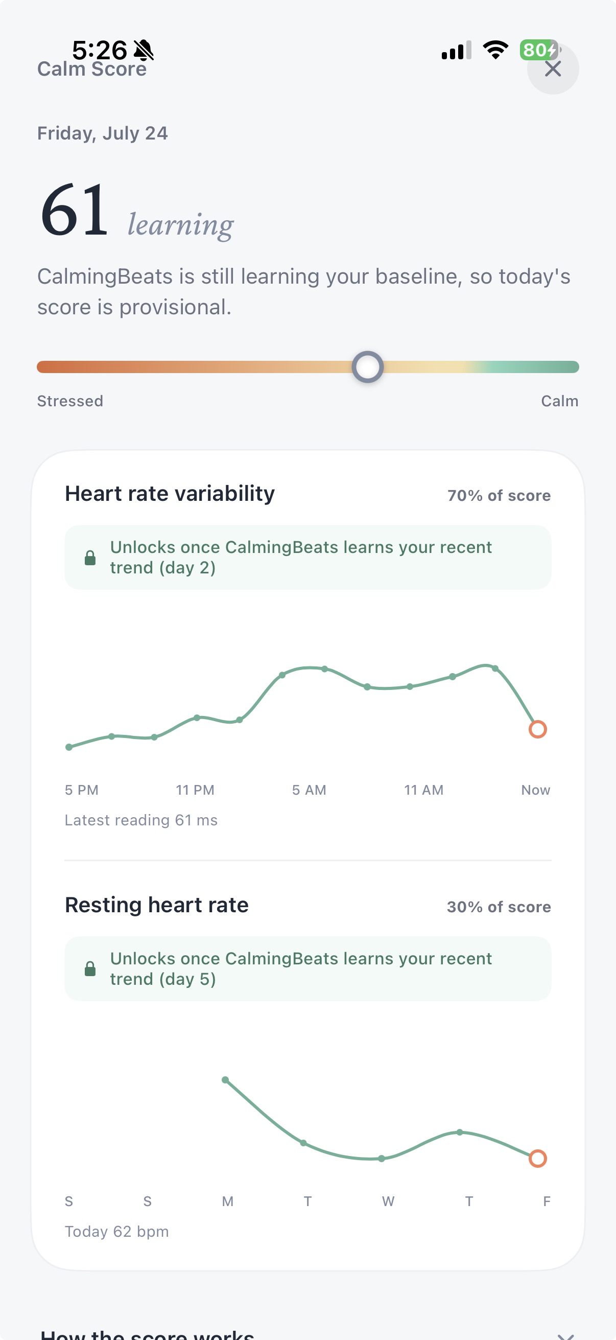 CalmingBeats calm score breakdown
