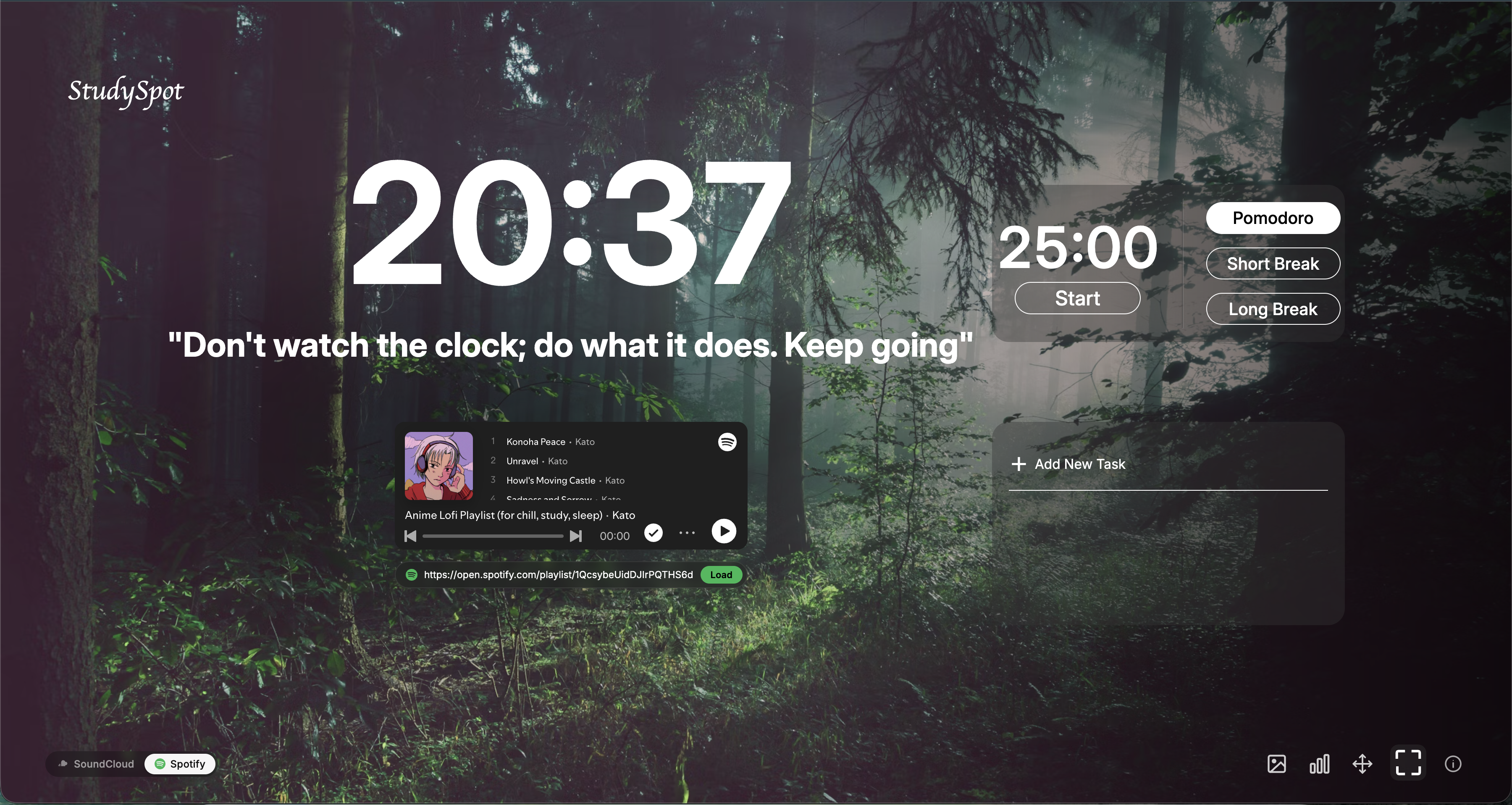 StudySpot alternate layout with centered clock and Pomodoro controls