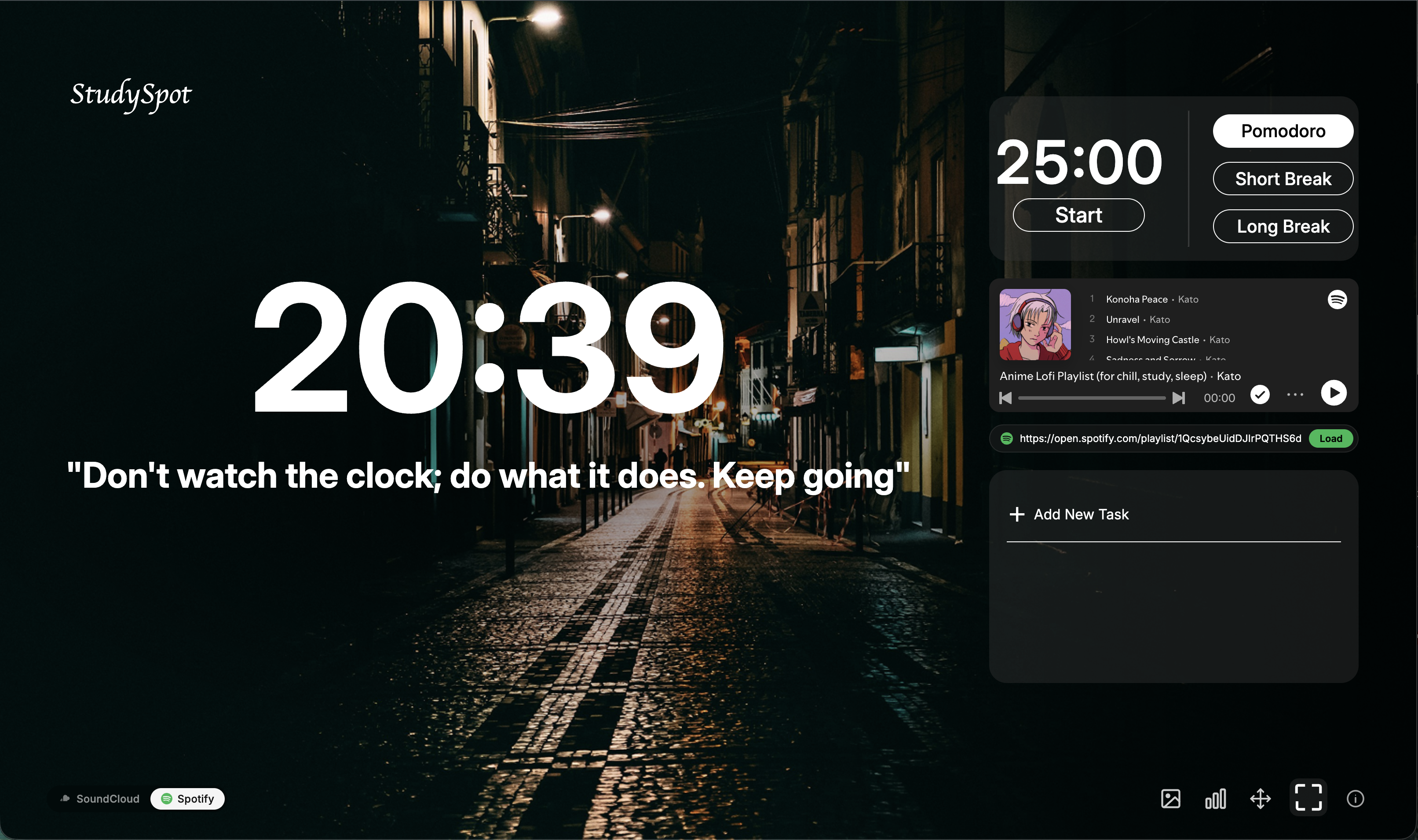 StudySpot timer and Spotify player over a night-street background